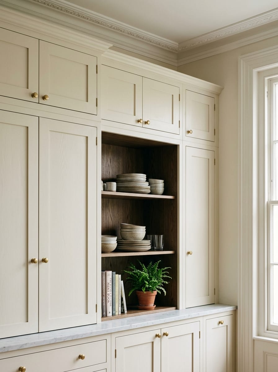 portrait1_600x800-13 cream cupboards with brass knobs and open shelving displaying crockery and a fern