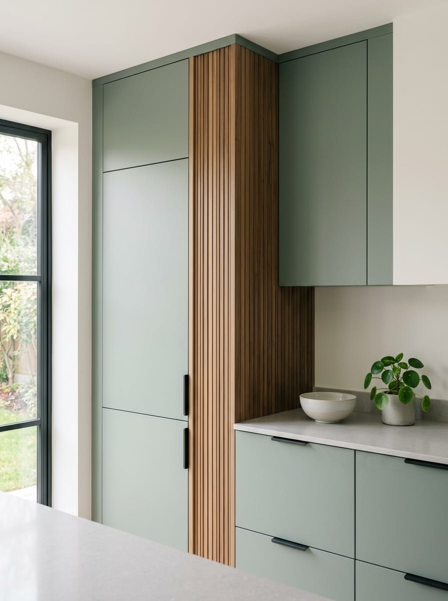 portrait1_600x800-131 sage green flat-front cupboards with vertical wood slat feature and black handles