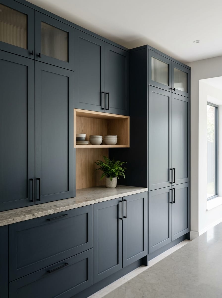 portrait1_600x800-132 Matte navy cupboards with black handles and pale stone worktop