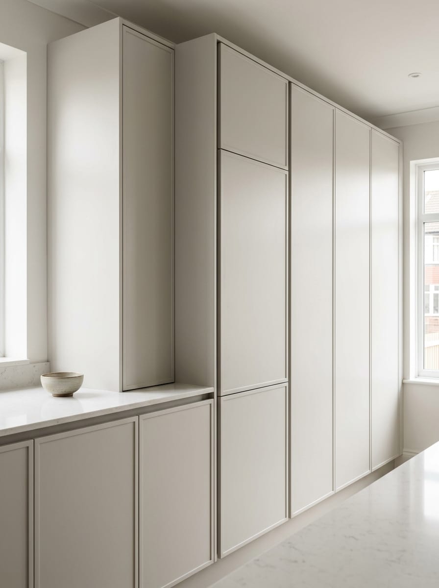 portrait1_600x800-133 tall matte cream cupboards with flat panels and white marble worktop
