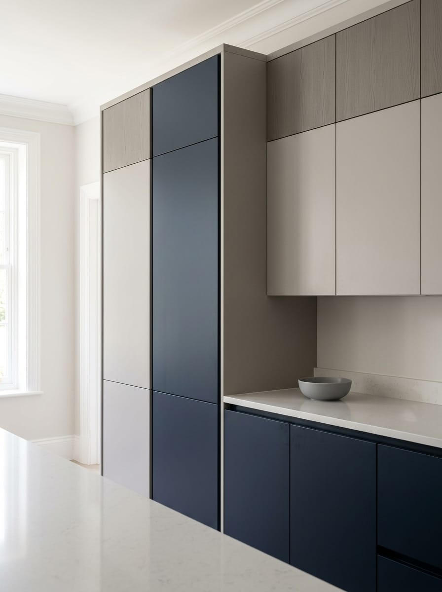 Tall view of full-height bespoke kitchen cabinetry, matt painted handleless slab cabinetry