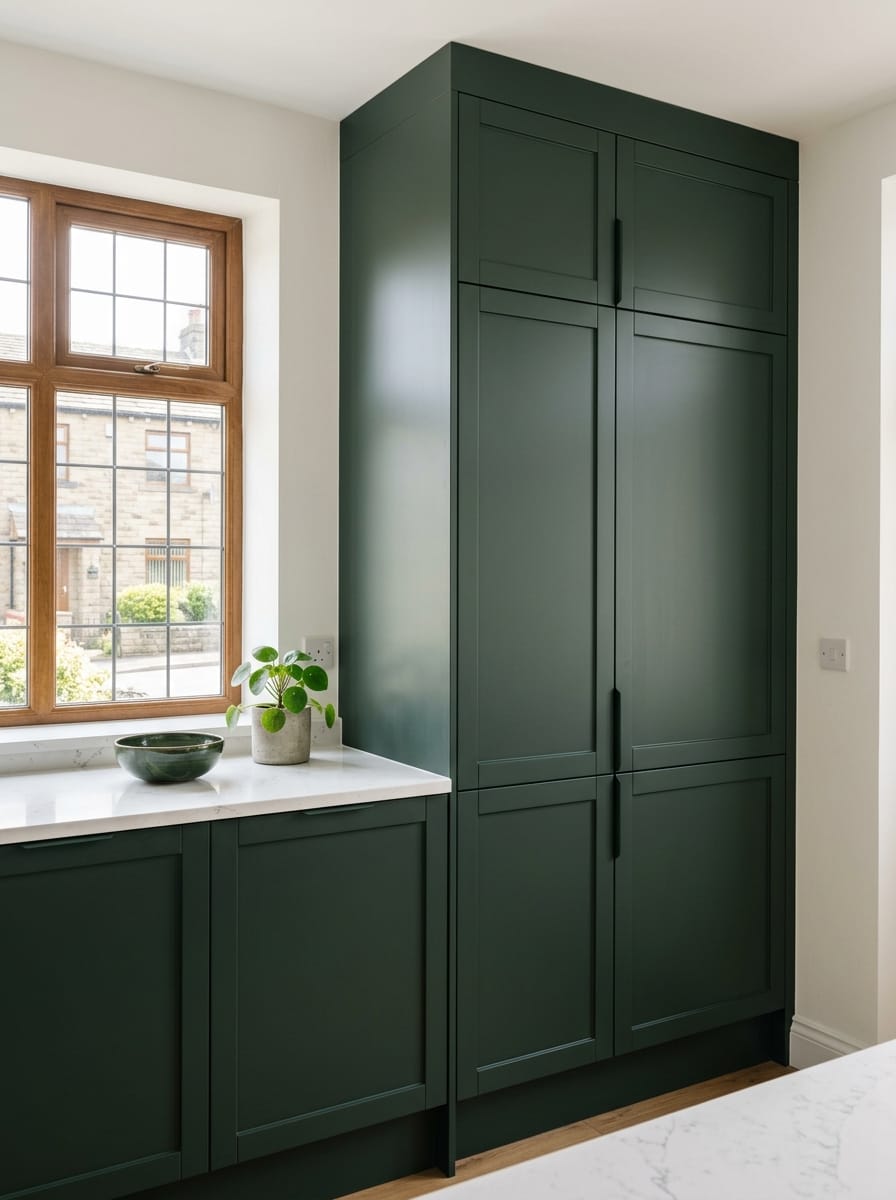 Tall view of full-height bespoke kitchen cabinetry, timber veneer slab-door cabinetry