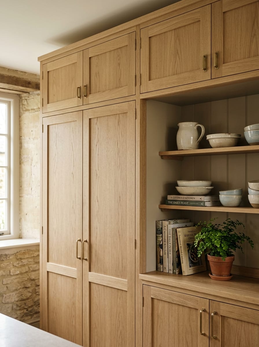 light wood cupboards with open shelving displaying pottery and cookbooks