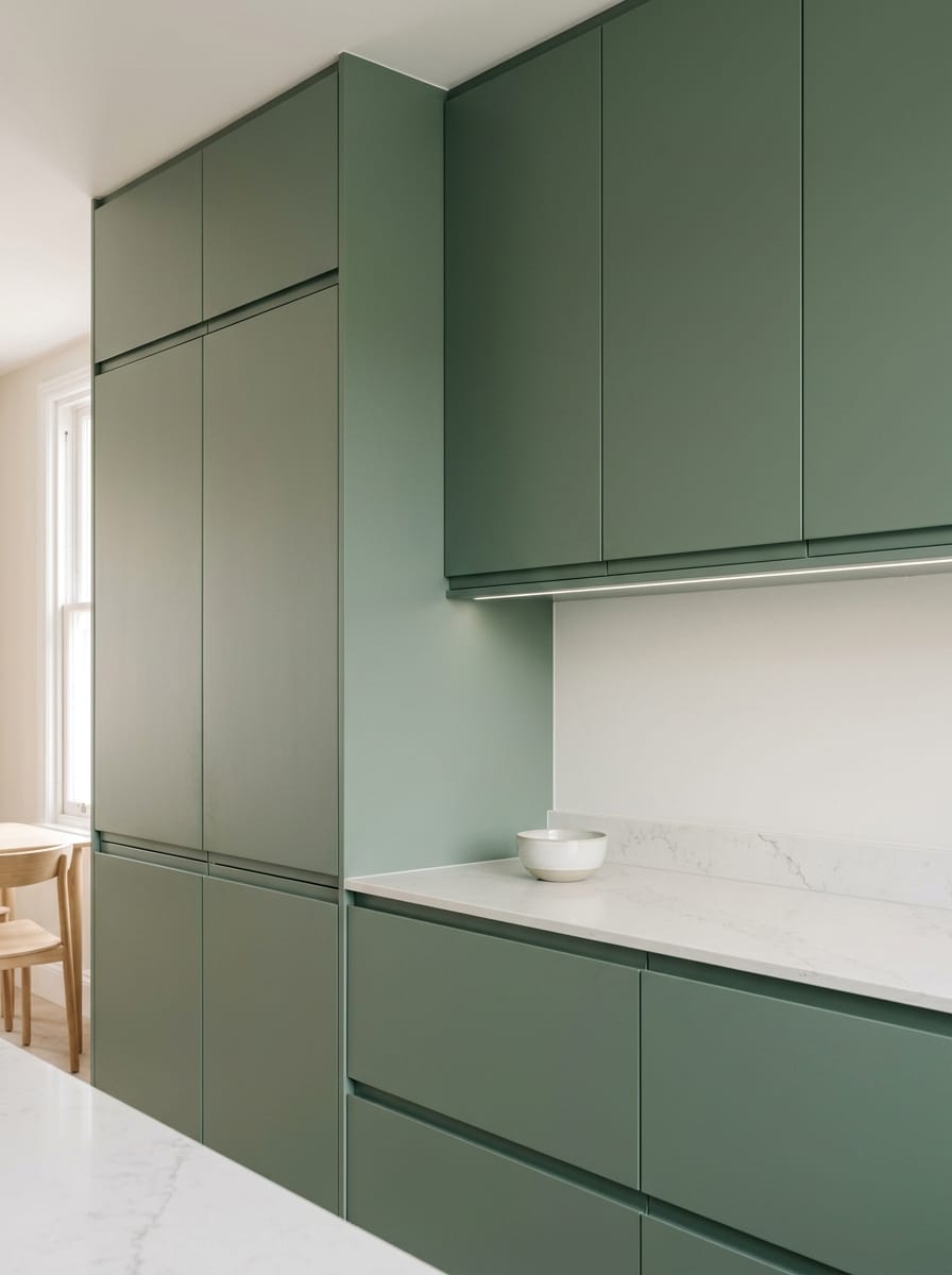 sage green flat-panel cupboards with white marble worktop and bowl