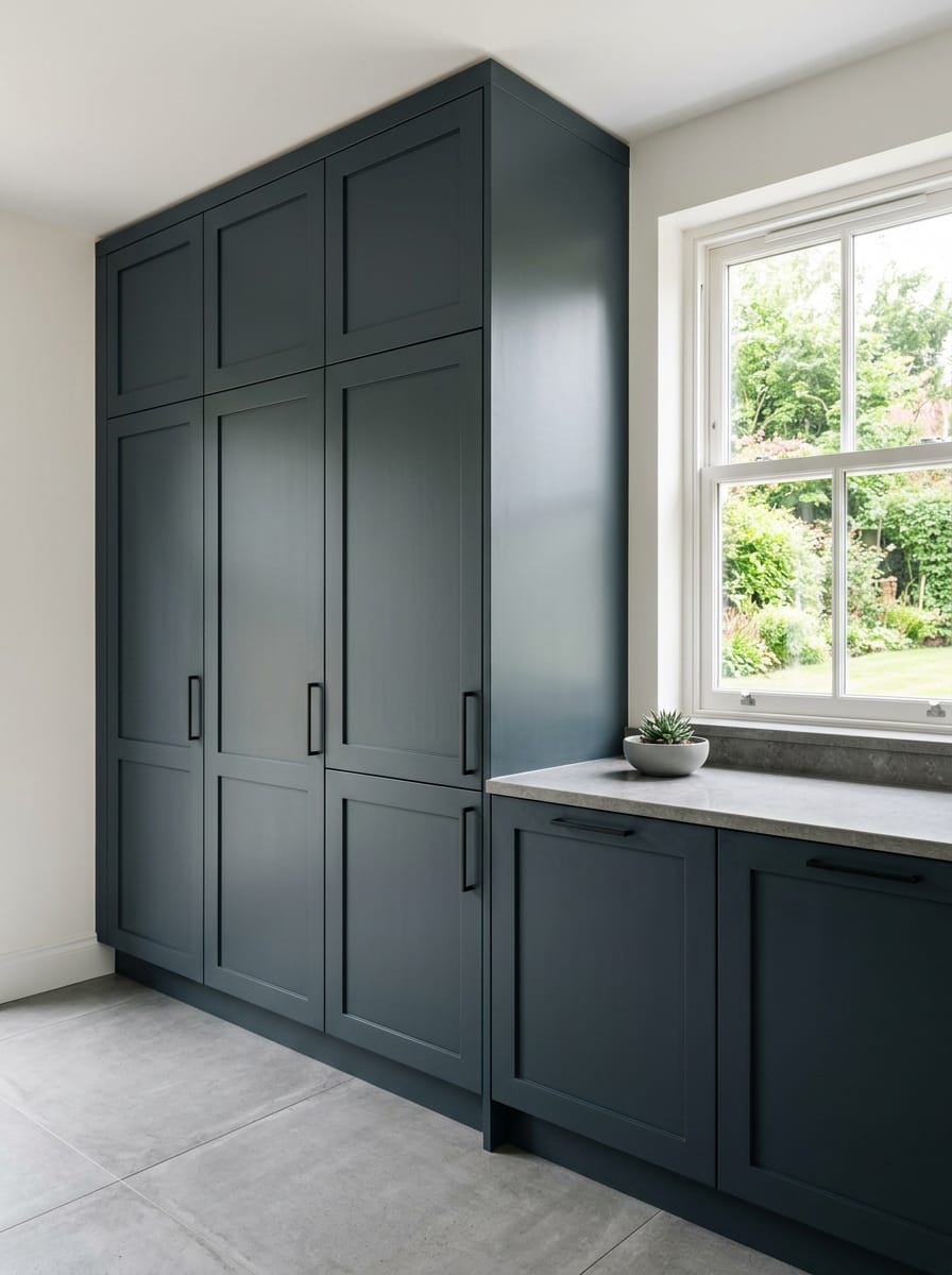 Dark blue shaker-style cupboards with matte finish beside a large window