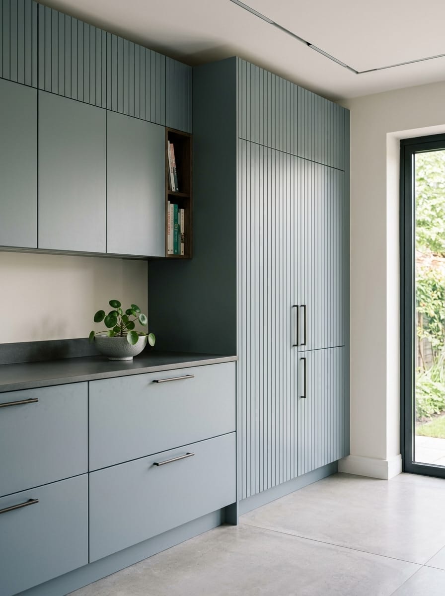 matte blue cabinets with vertical grooves and open shelving detail