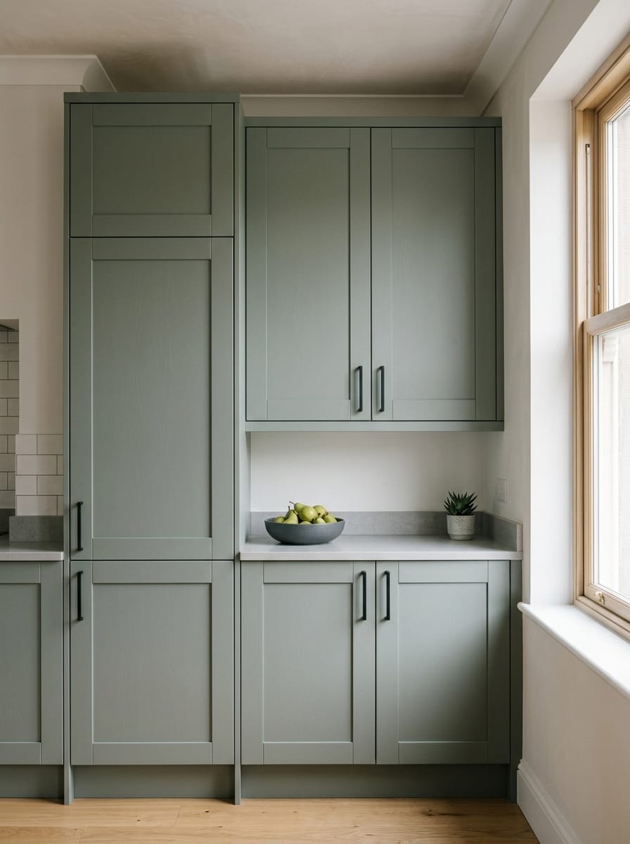 portrait1_600x800-144 sage green shaker cabinets with black handles and light worktop