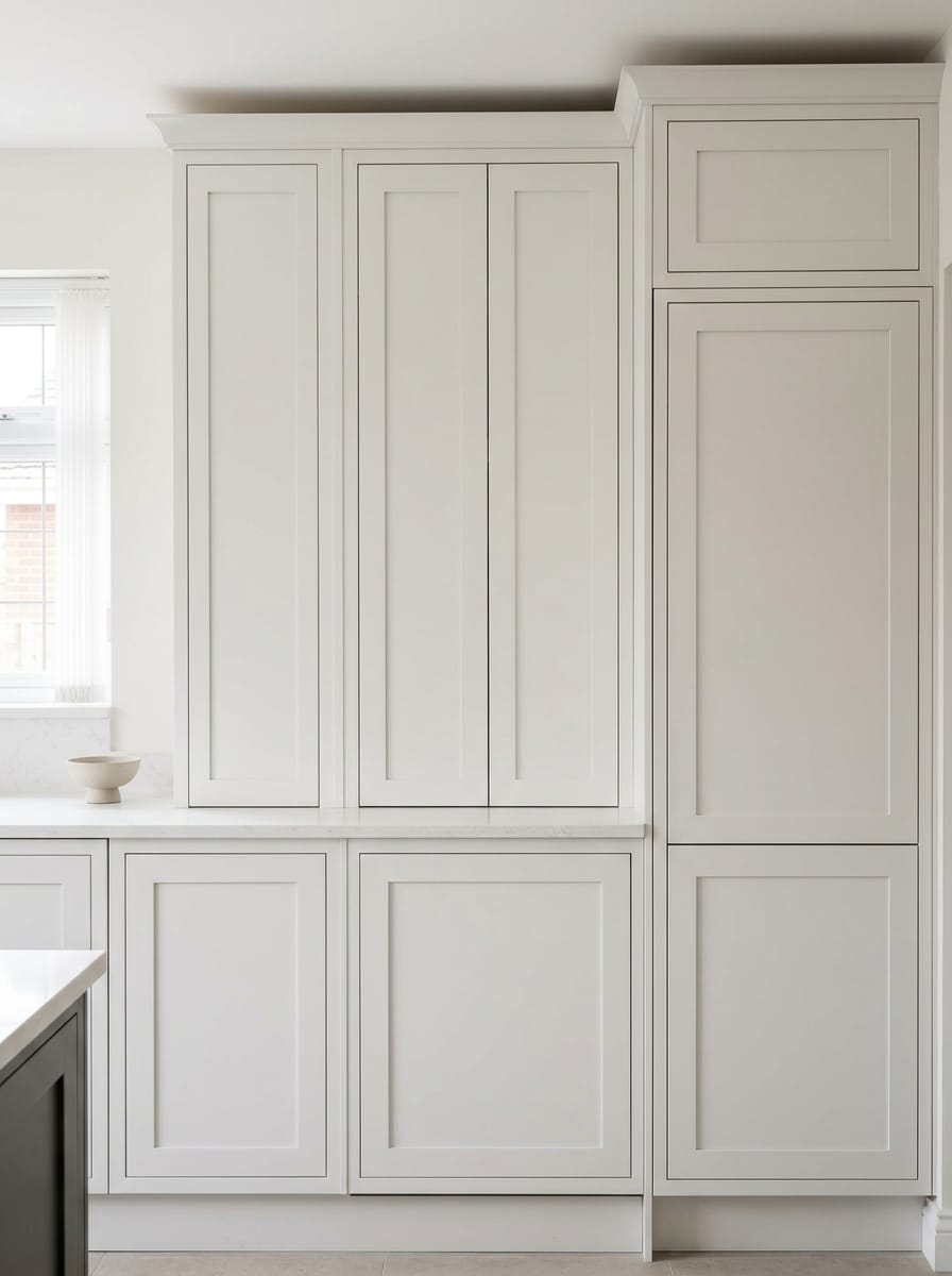 portrait1_600x800-145 tall pale grey cupboards with shaker-style panel doors and marble worktop