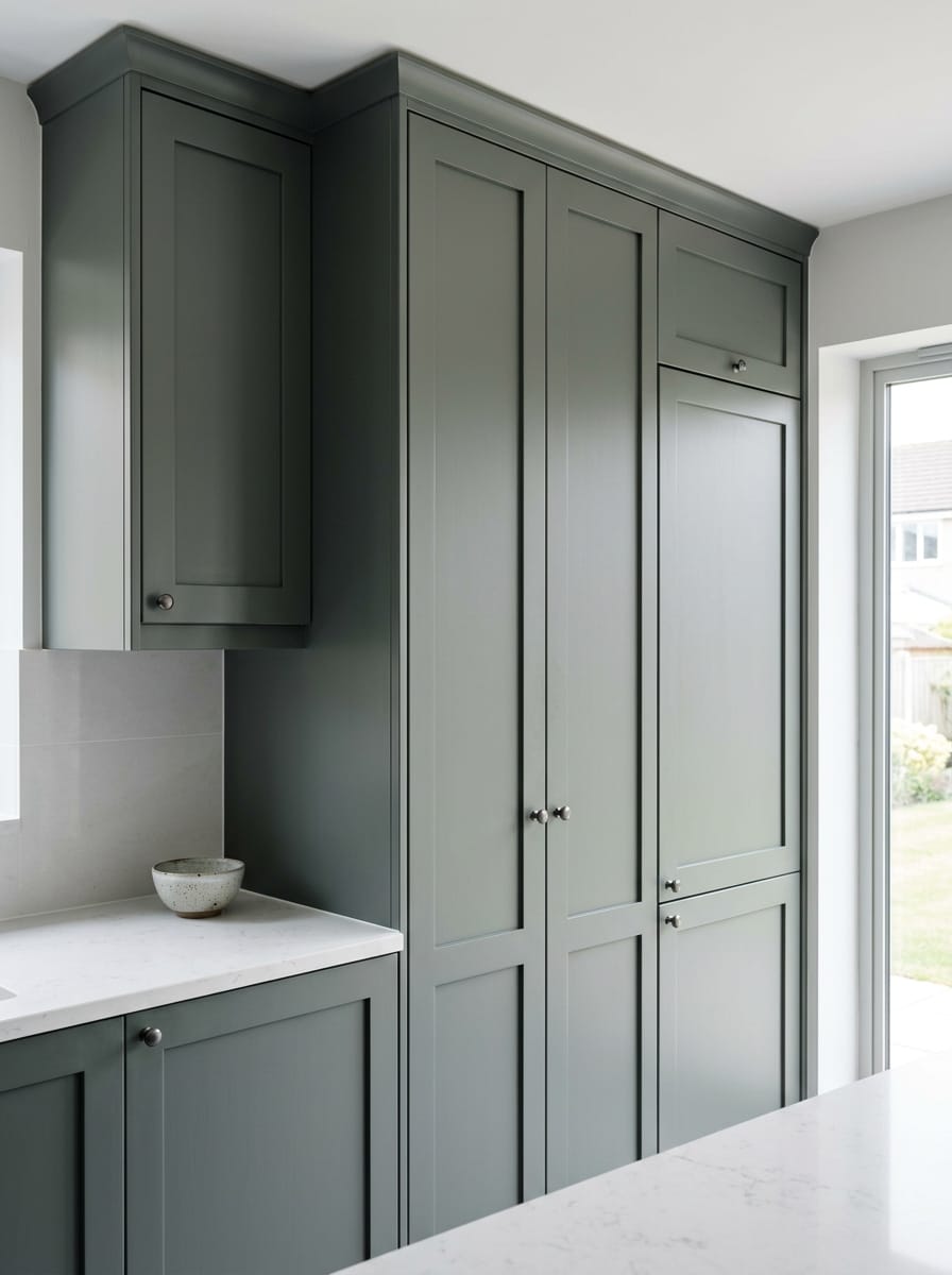 Tall view of full-height bespoke kitchen cabinetry, modern shaker cabinetry