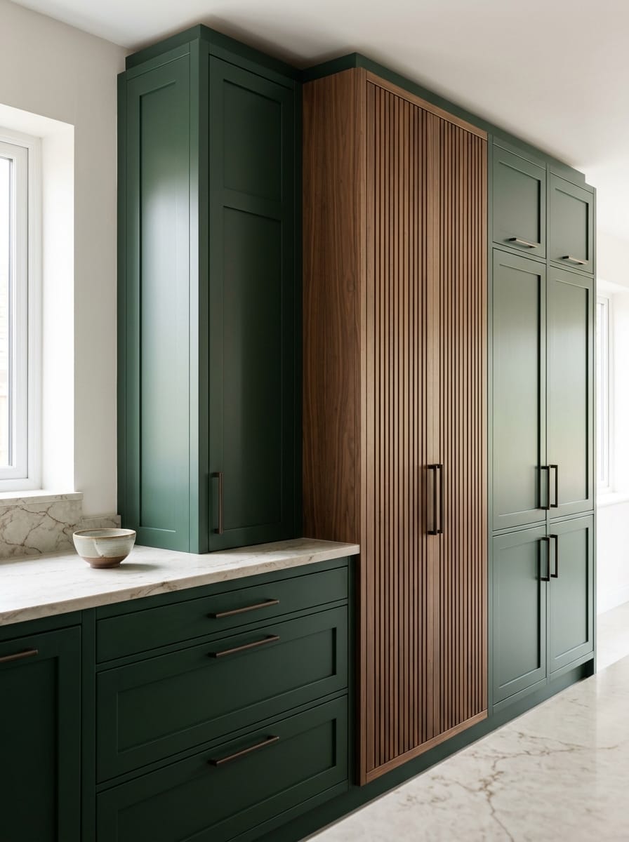 Green cupboards with vertical wood panelling and marble worktop