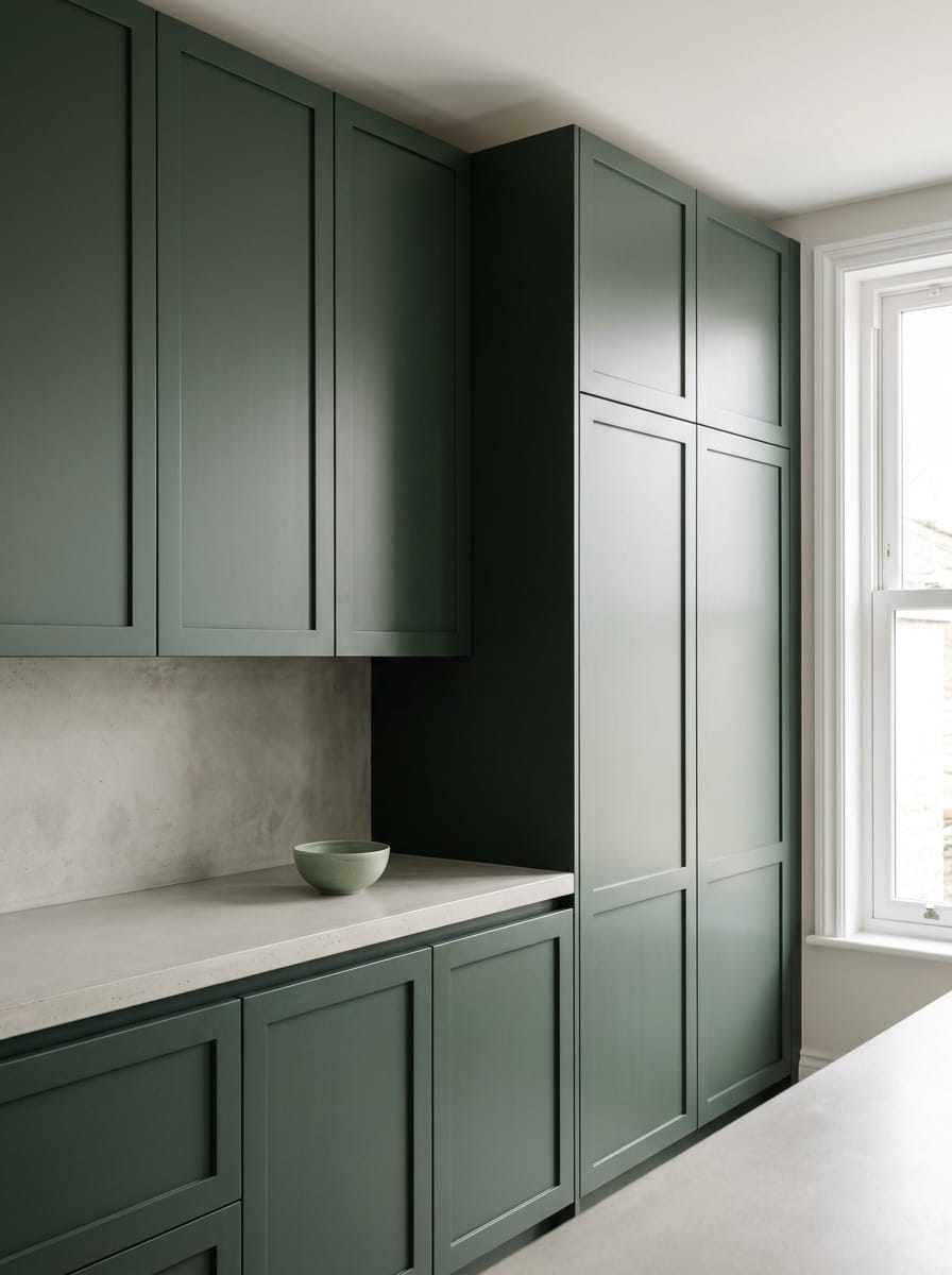 matte sage green cupboards with minimalist panel design and pale stone worktop