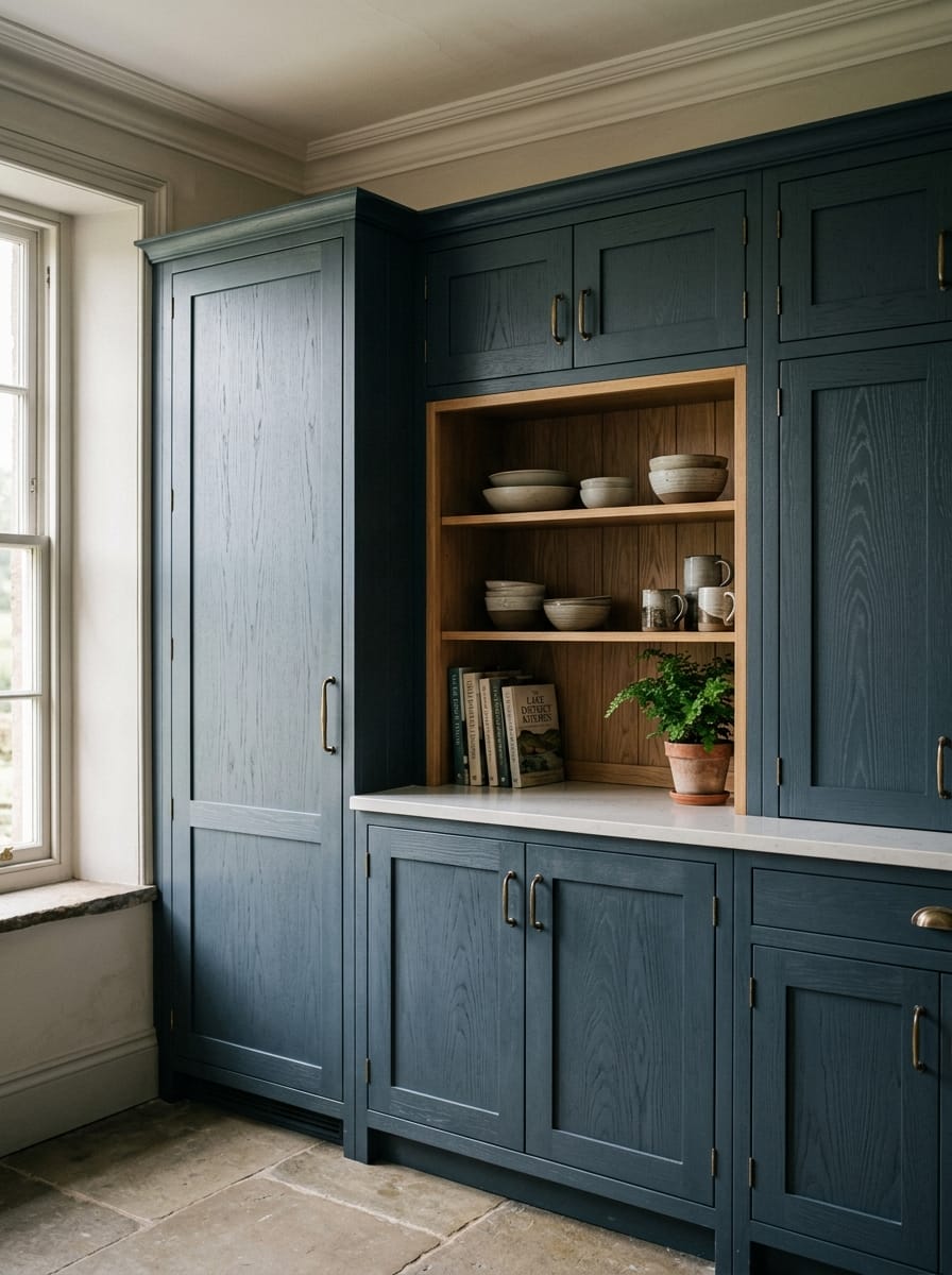 portrait1_600x800-15 dark blue shaker cupboards with open wooden shelving displaying bowls and books