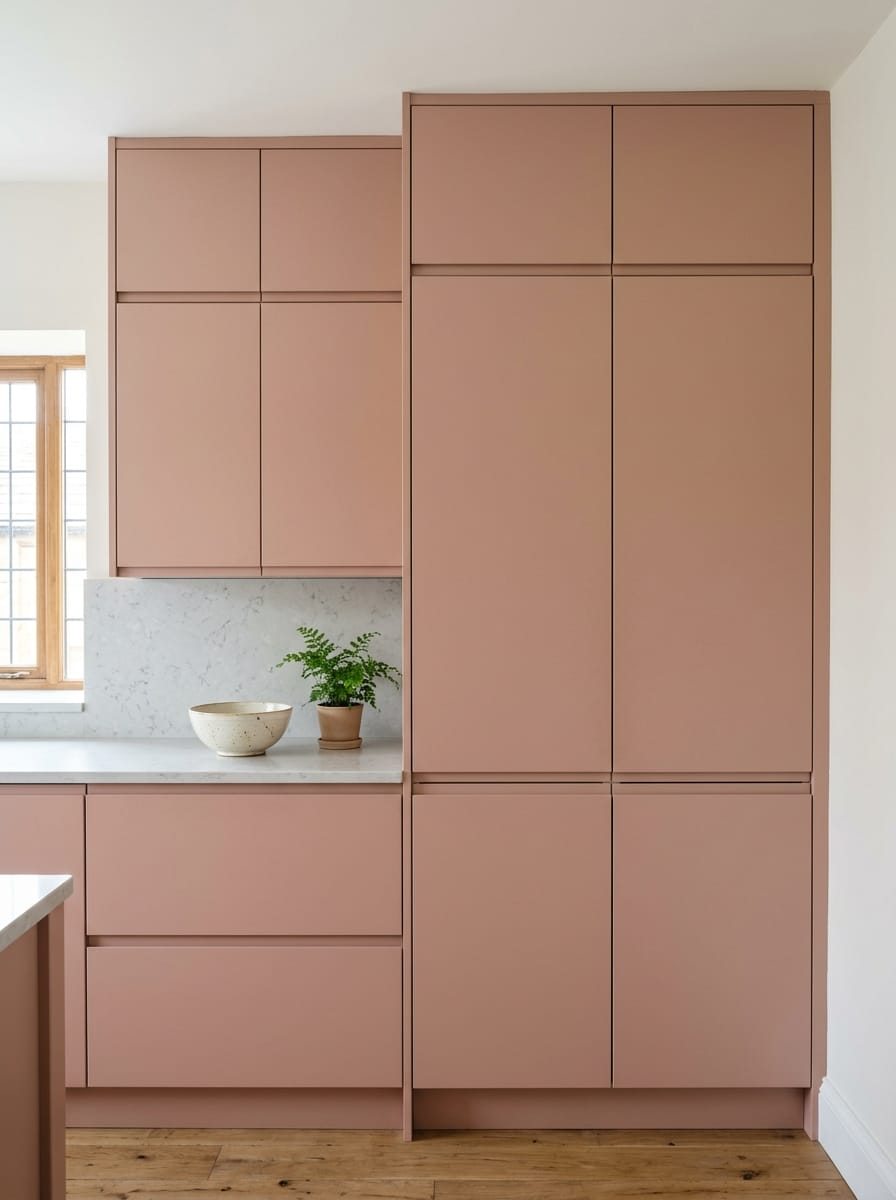 portrait1_600x800-150 matte pink cupboards with white marble worktop and small potted plant