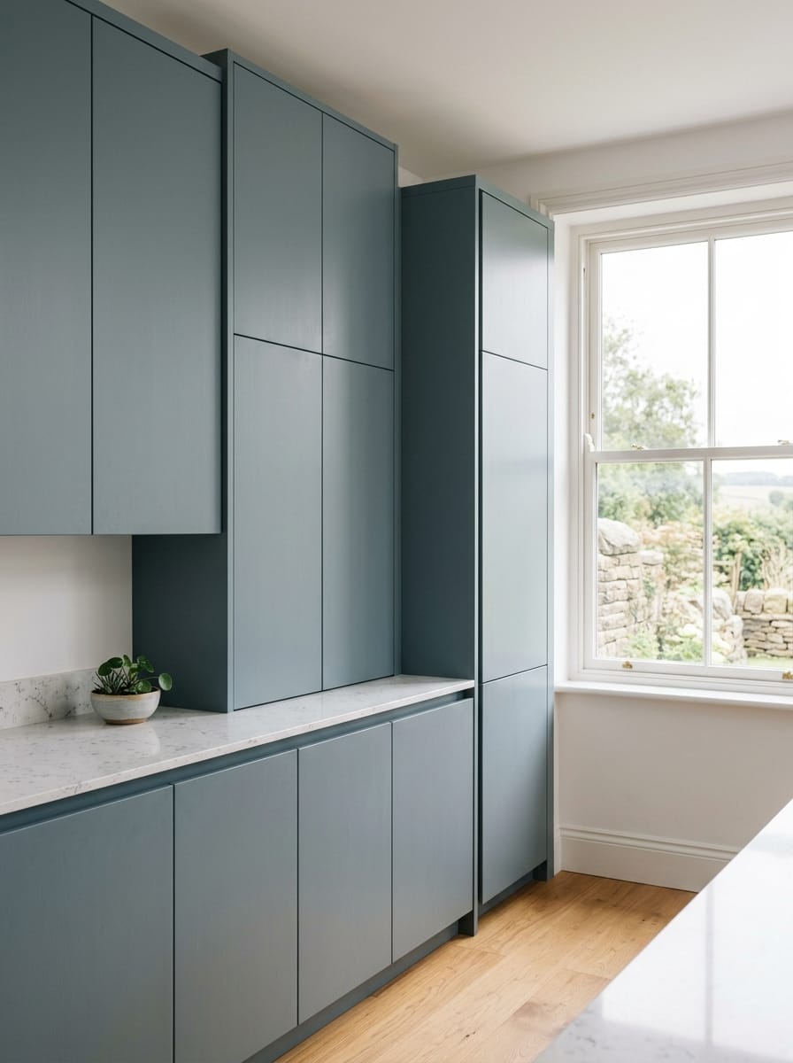 matte blue-grey cabinets with flat fronts and white marble worktop