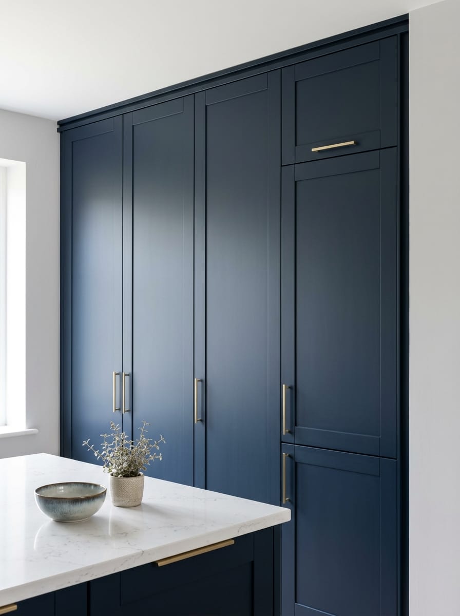 portrait1_600x800-152 Tall matte navy cupboards with gold handles and white marble worktop