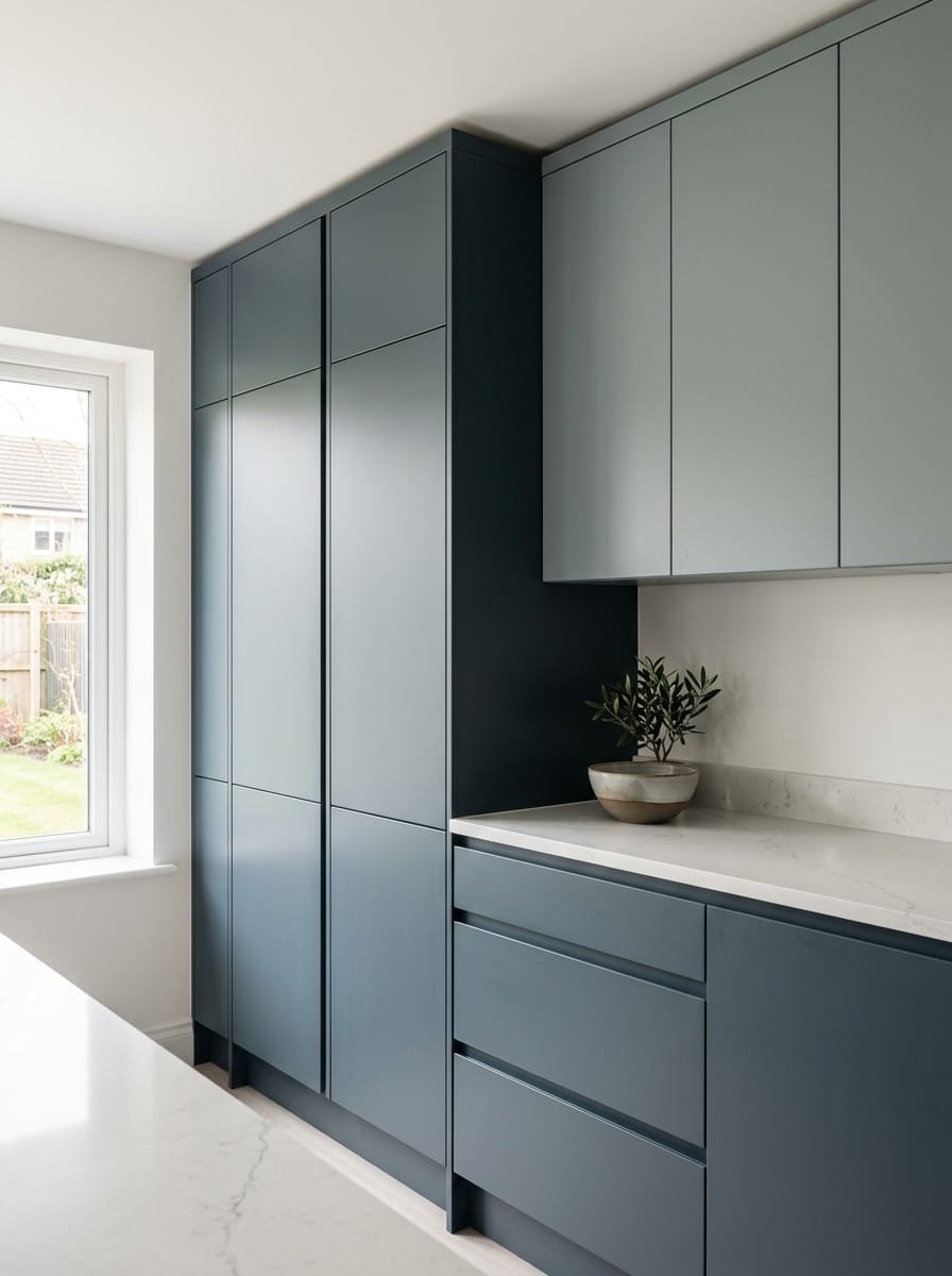 Tall view of full-height bespoke kitchen cabinetry, matt painted handleless slab cabinetry