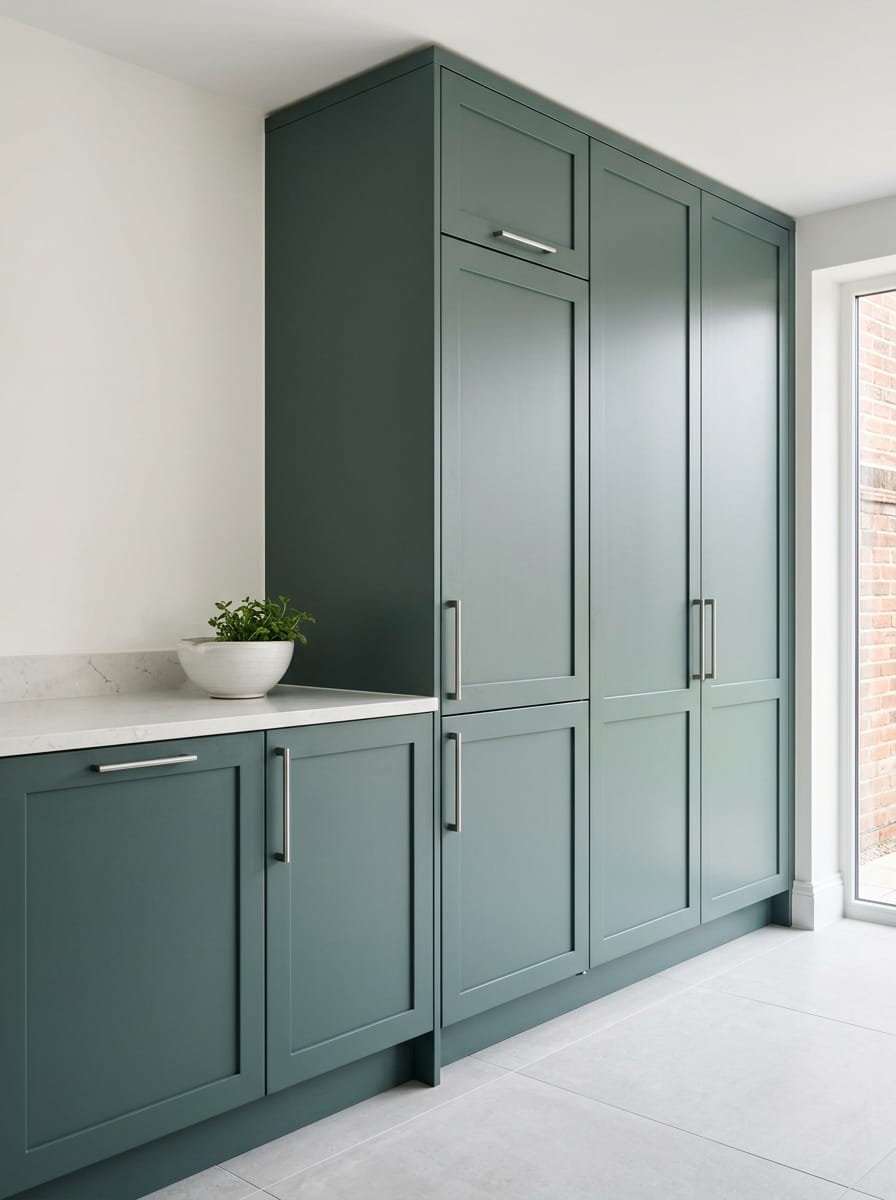 sage green shaker cupboards with silver handles and white marble worktop
