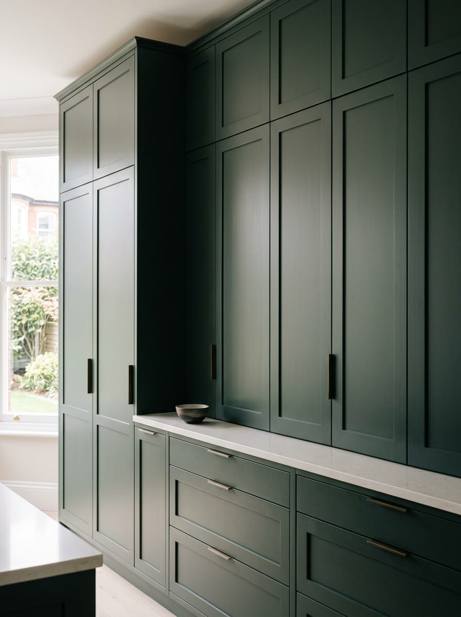 Tall view of full-height bespoke kitchen cabinetry, modern shaker cabinetry