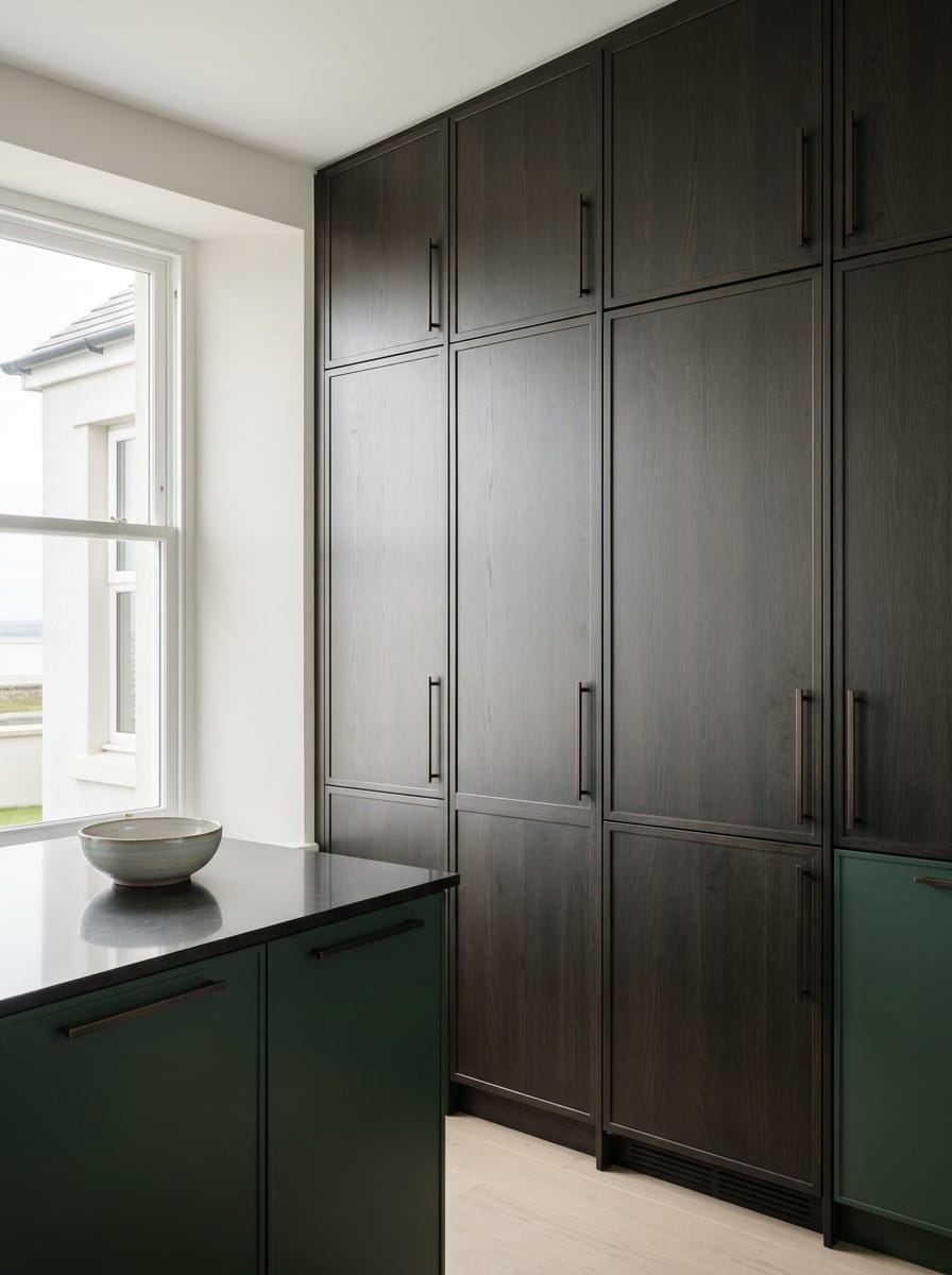 tall dark wood cupboards with black handles beside green island unit