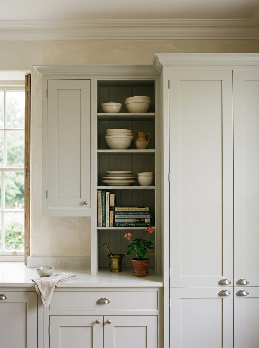 pale shaker cupboards with open shelving displaying bowls, books and a potted plant