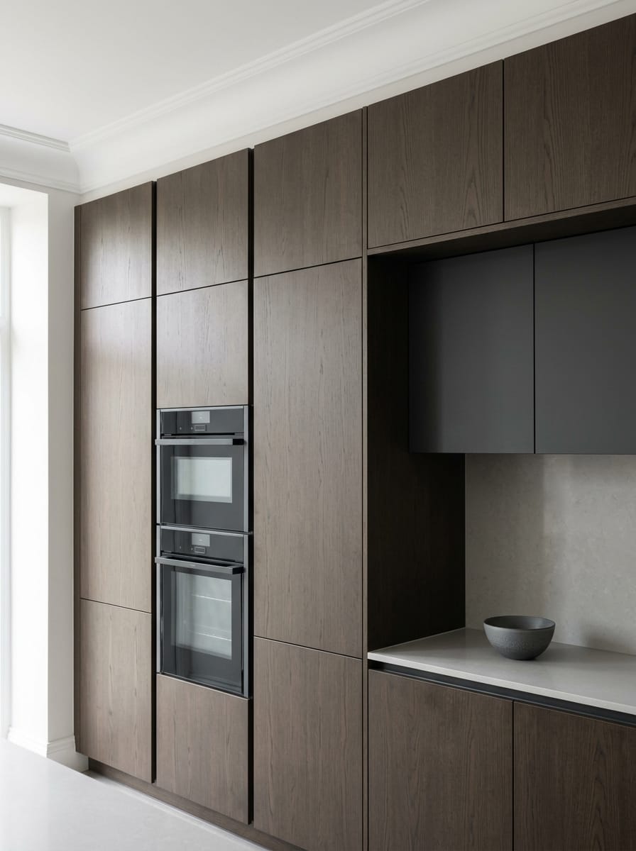 Dark wood panels with integrated ovens and matte grey cupboards