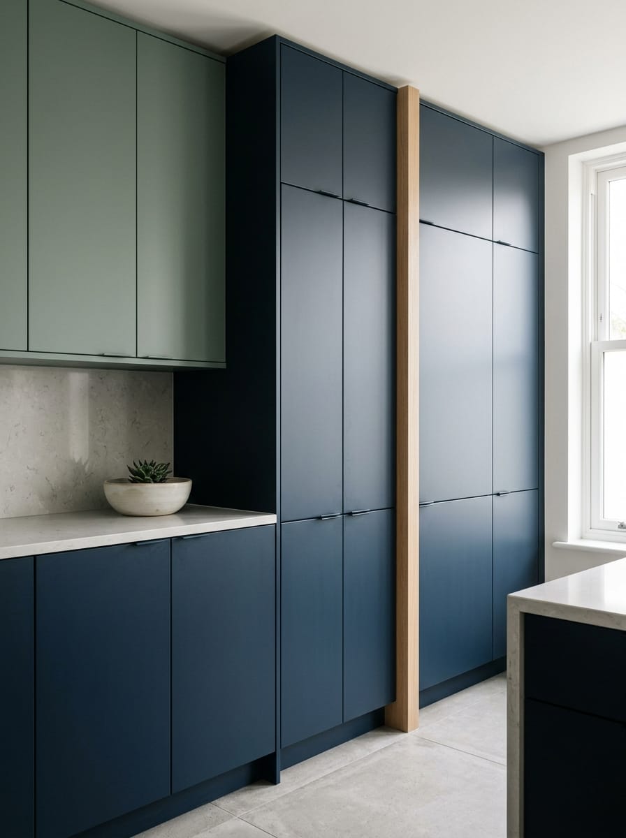 portrait1_600x800-161 matte navy and sage green cupboards with pale wood accent and stone worktop