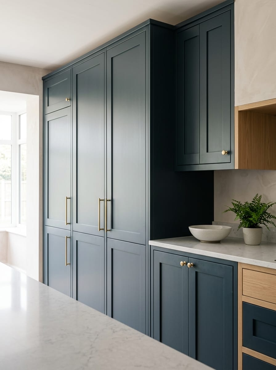 matte navy cupboards with gold handles and white marble worktop