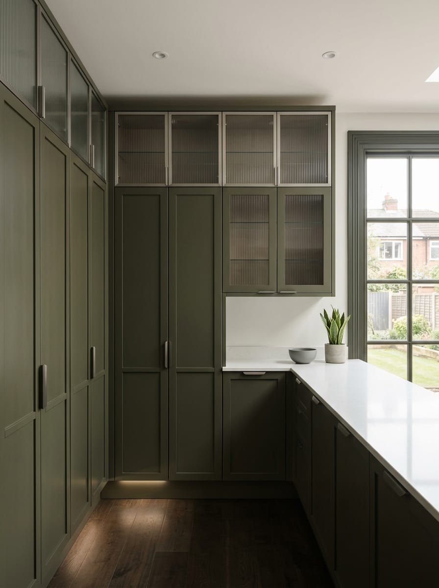 portrait1_600x800-163 olive green kitchen units with fluted glass panels and white worktop