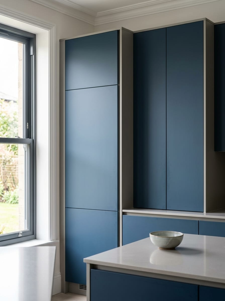 matte blue flat-panel cupboards with pale worktop and a ceramic bowl