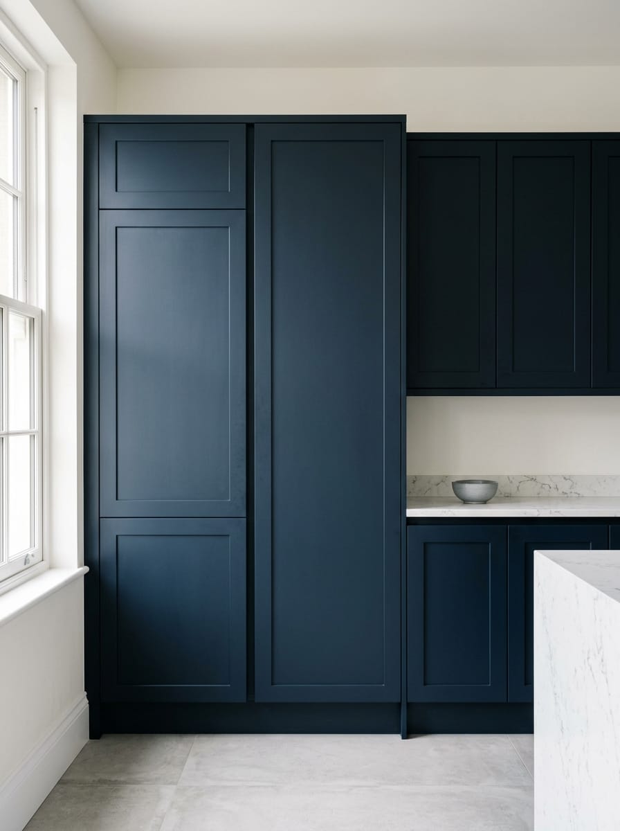 matte navy blue kitchen units with marble worktop and light grey floor
