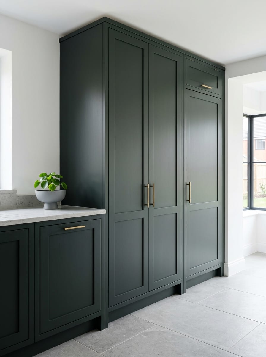 dark green shaker cupboards with brass handles and marble worktop