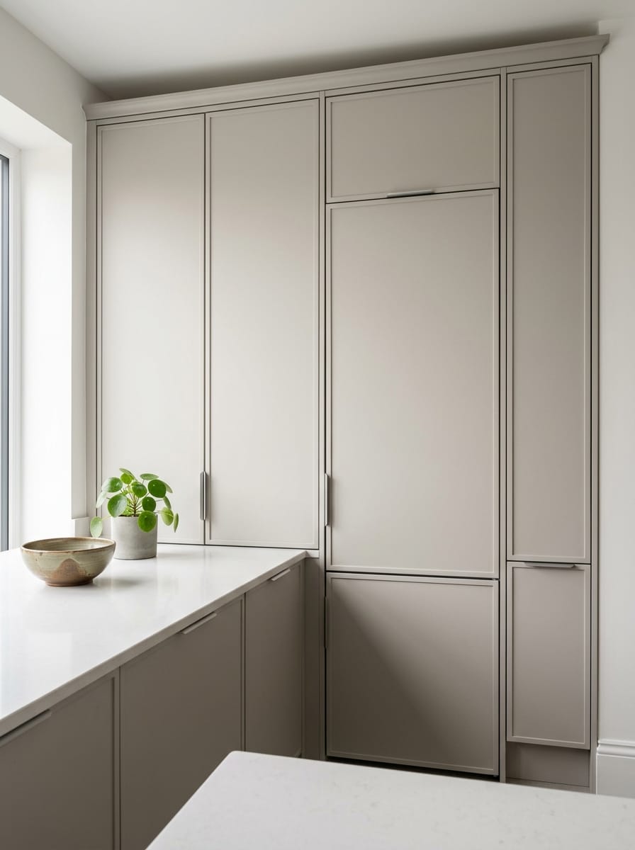 matte light grey kitchen cupboards with minimalist handles and white worktop