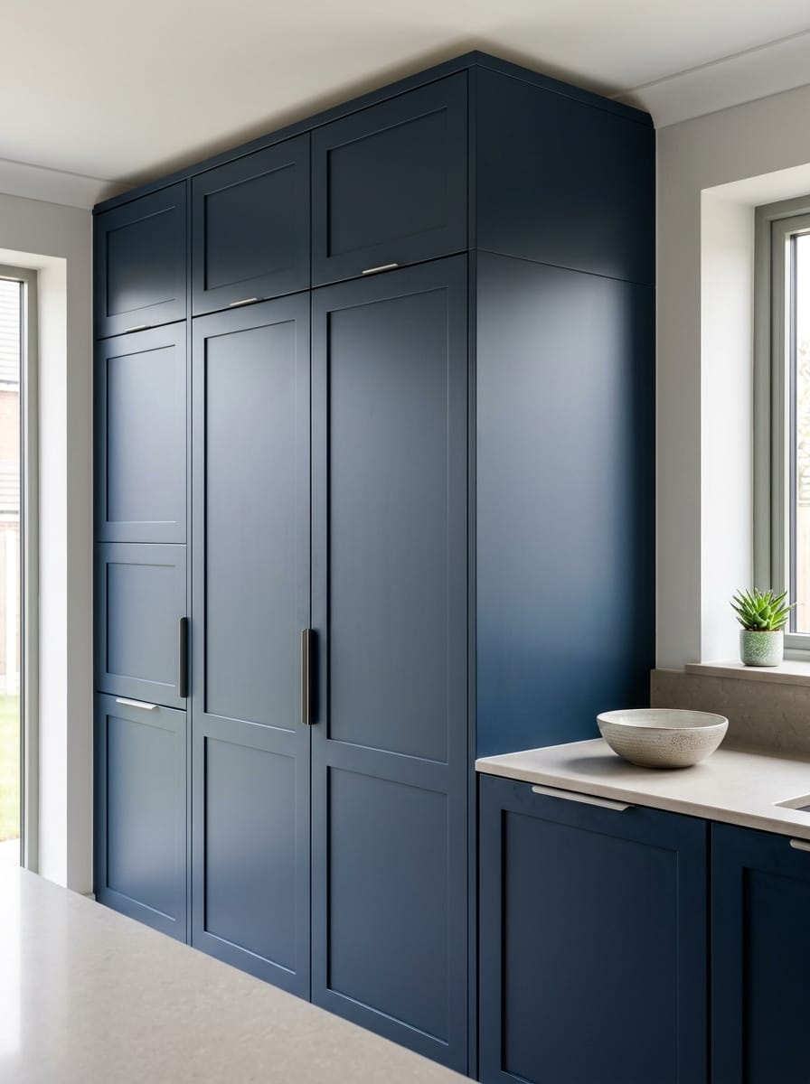 matte navy blue cupboards with minimalist black handles and pale stone worktop