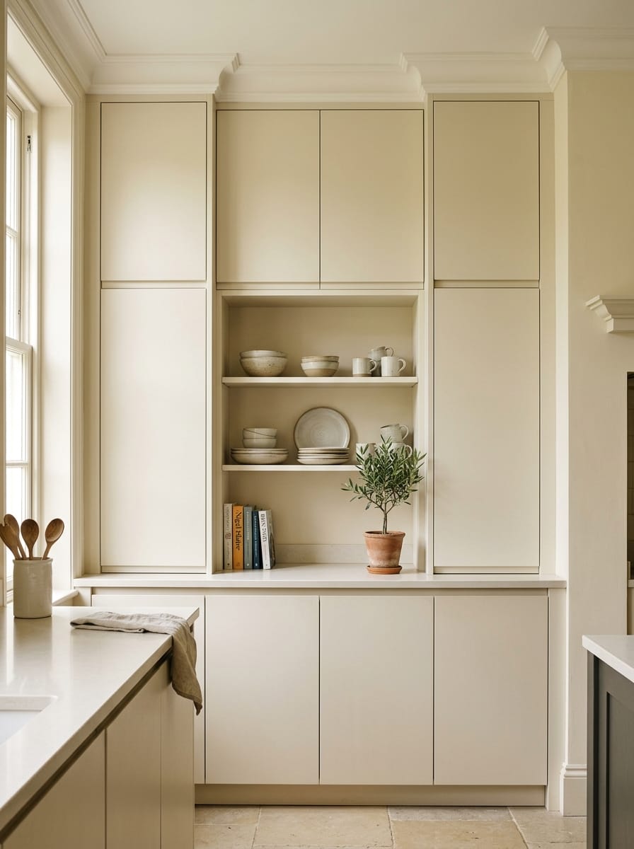 portrait1_600x800-17 cream cupboards with open shelving displaying ceramics and a potted plant