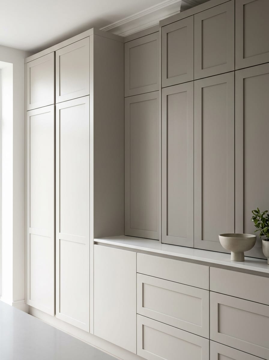 matte light grey cabinets with panelled doors and minimalist handles