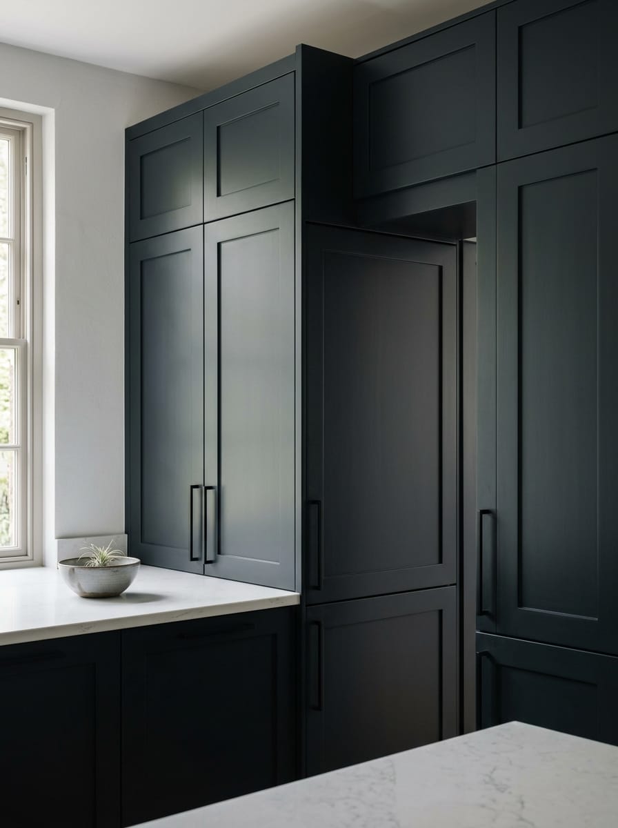 Matte black shaker cupboards with long handles and white marble worktop