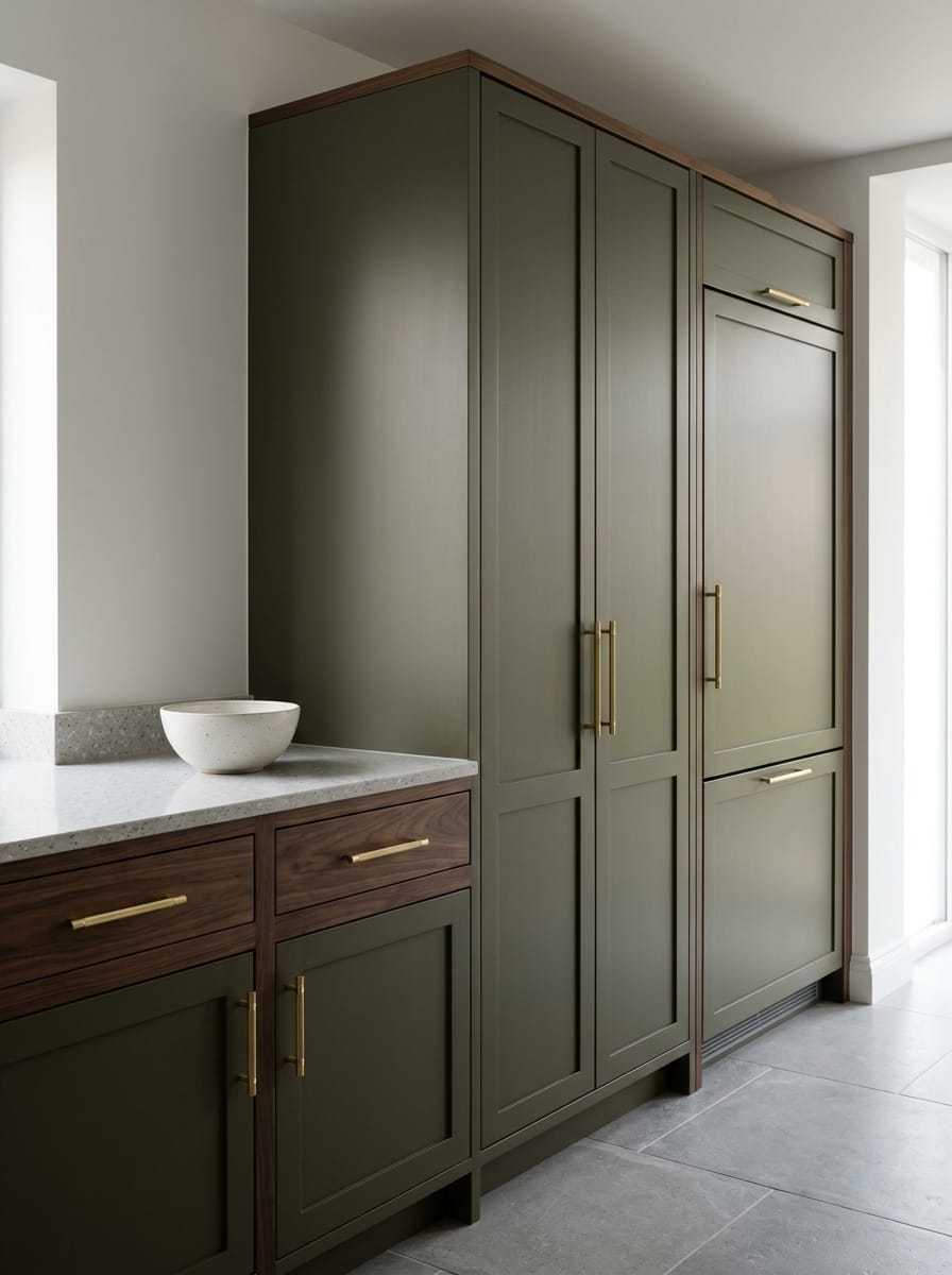 Olive green and walnut kitchen units with brass handles and stone worktop