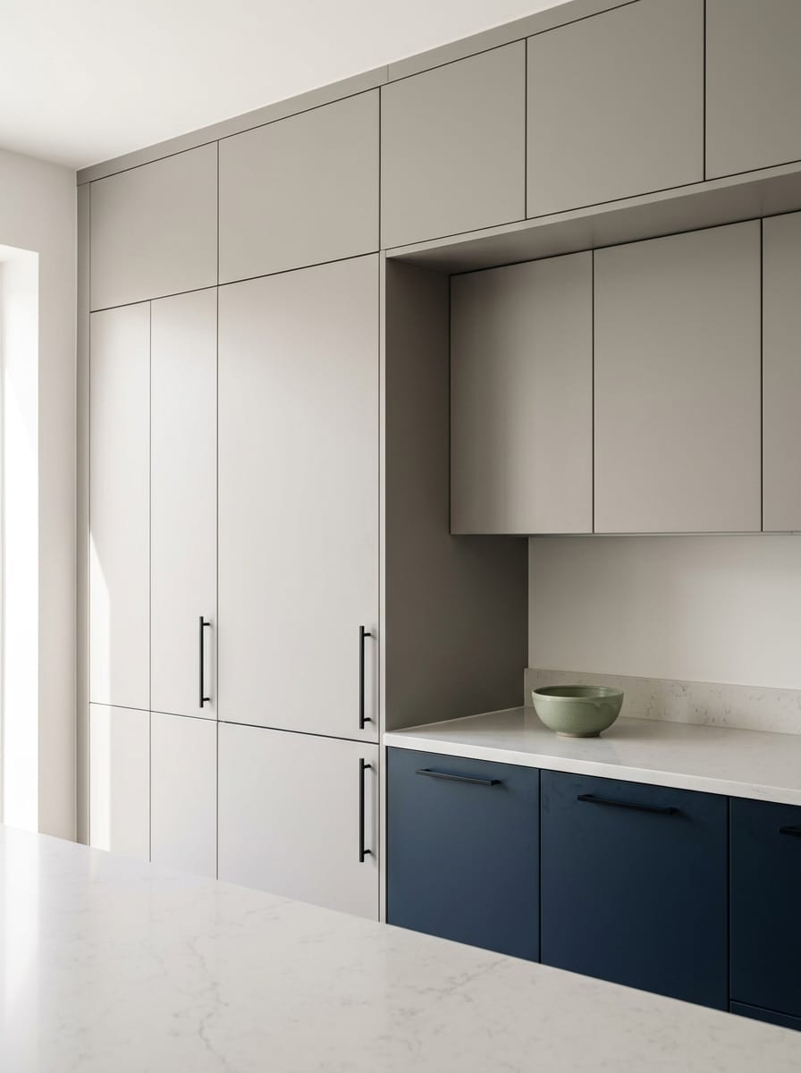 Tall view of full-height bespoke kitchen cabinetry, timber veneer slab-door cabinetry