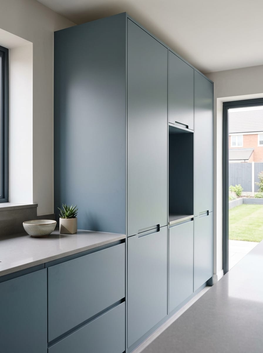 Tall view of full-height bespoke kitchen cabinetry, timber veneer slab-door cabinetry