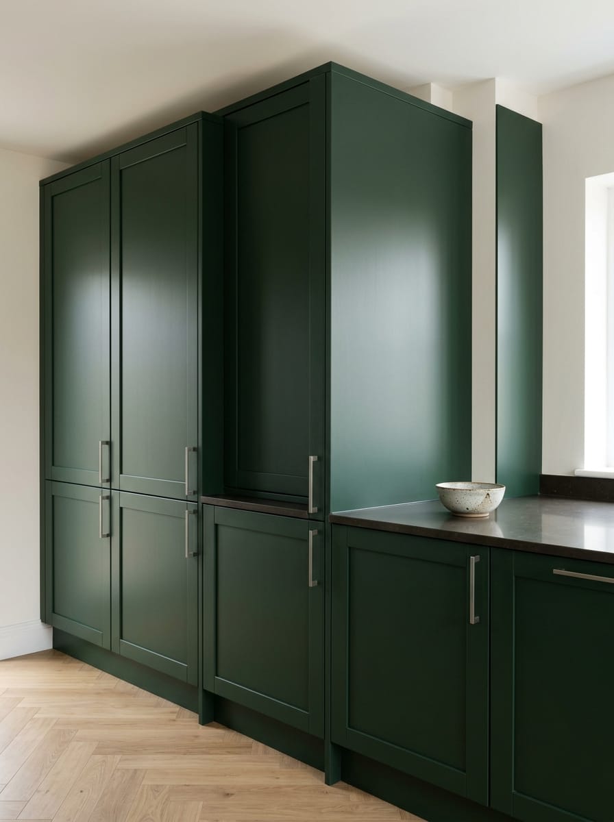 Tall view of full-height bespoke kitchen cabinetry, timber veneer slab-door cabinetry