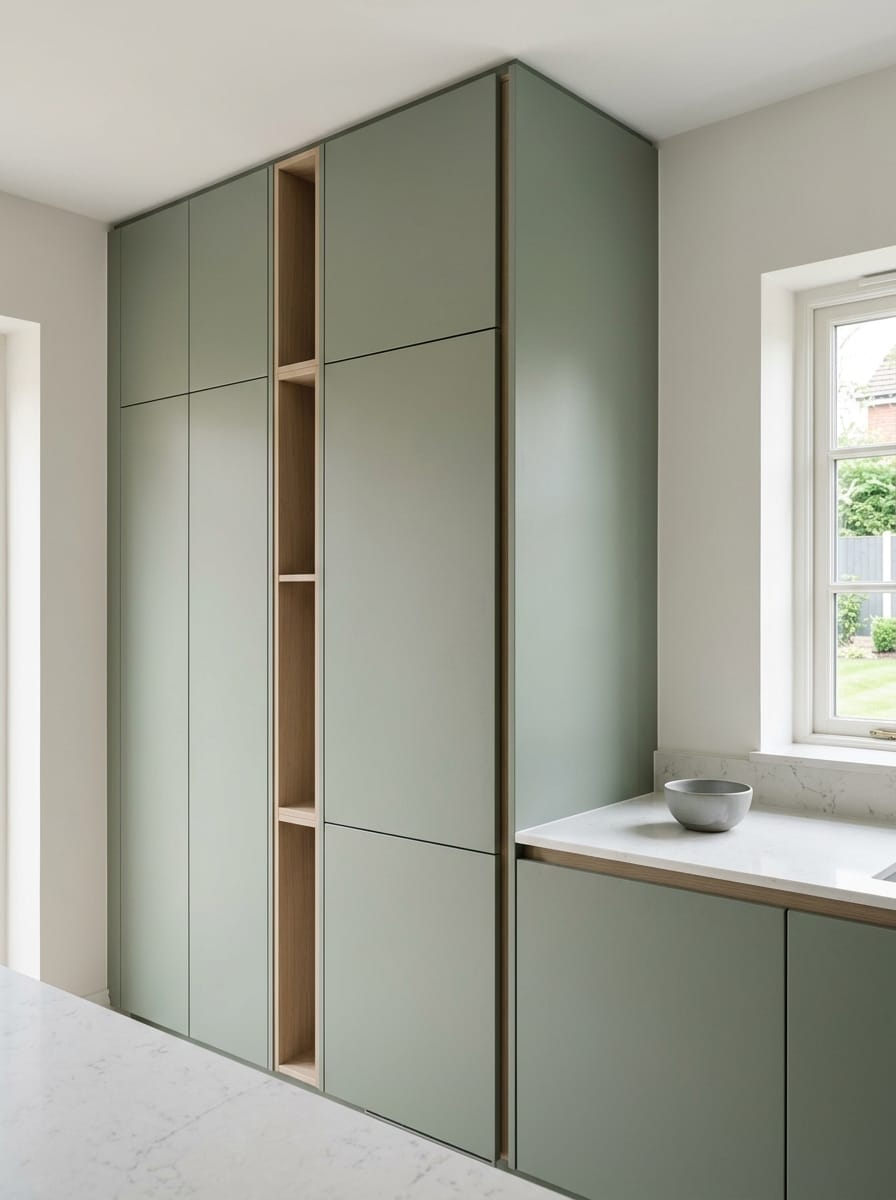portrait1_600x800-180 Sage green flat-panel cupboards with vertical open shelving and pale worktops