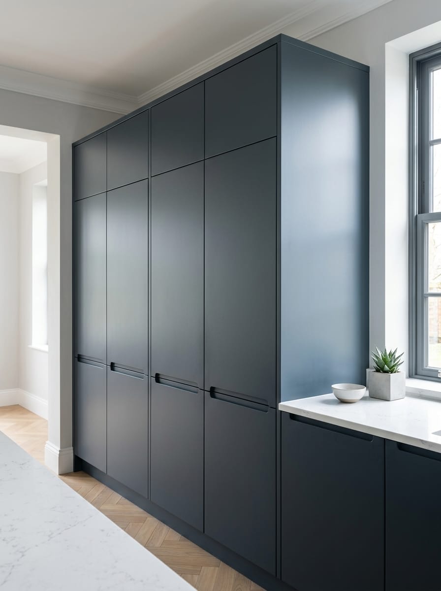 portrait1_600x800-181 matte dark blue cupboards with integrated handles and white marble worktop