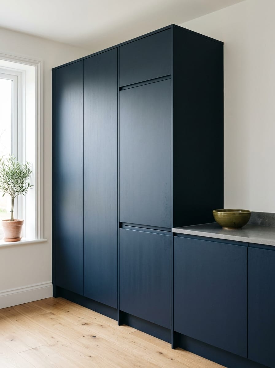 matte navy blue cupboards with flat fronts and grey worktop