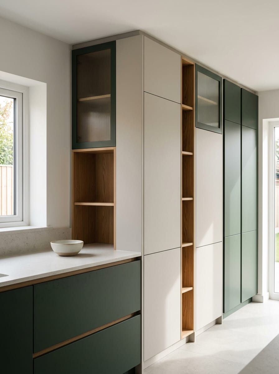 Modern Mastercraft kitchen with green and cream units, open oak shelving detail