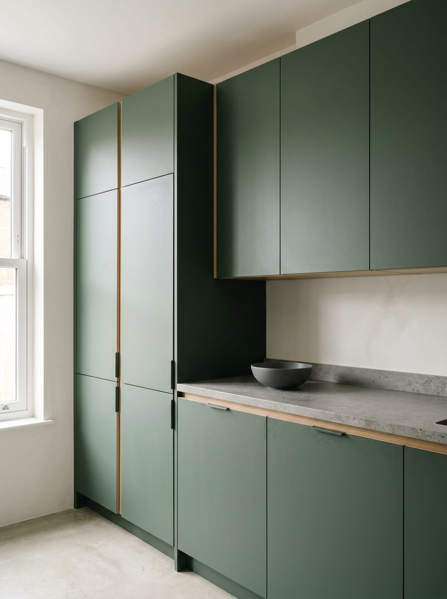 Tall view of full-height bespoke kitchen cabinetry, contemporary painted lay-on cabinetry