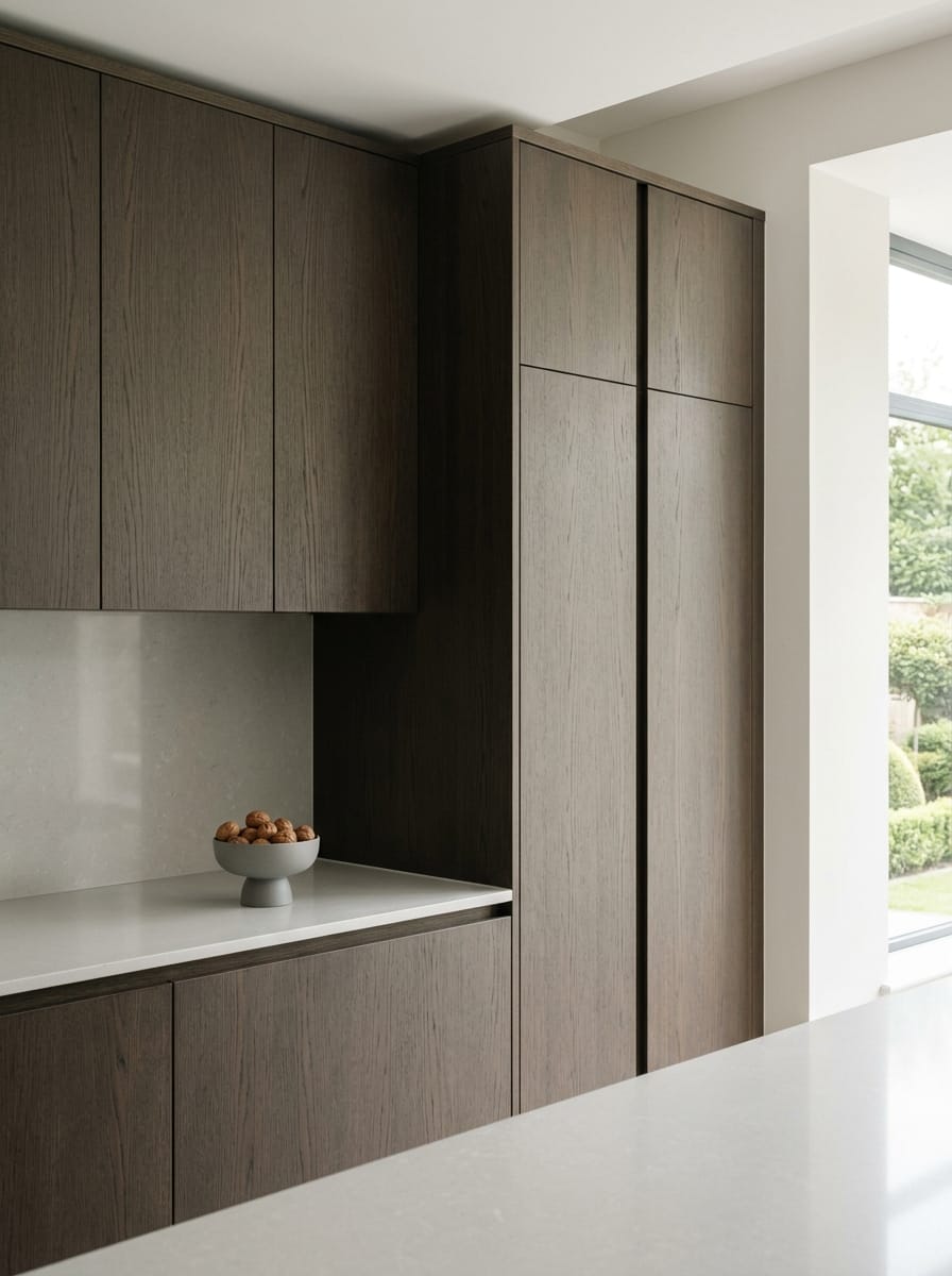 Tall view of full-height bespoke kitchen cabinetry, timber veneer slab-door cabinetry