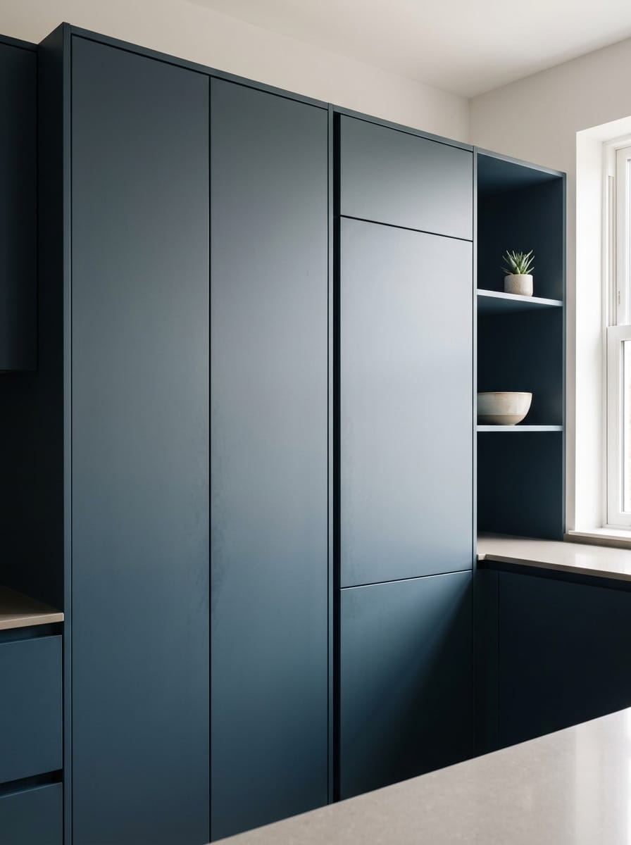 Tall view of full-height bespoke kitchen cabinetry, modern shaker cabinetry