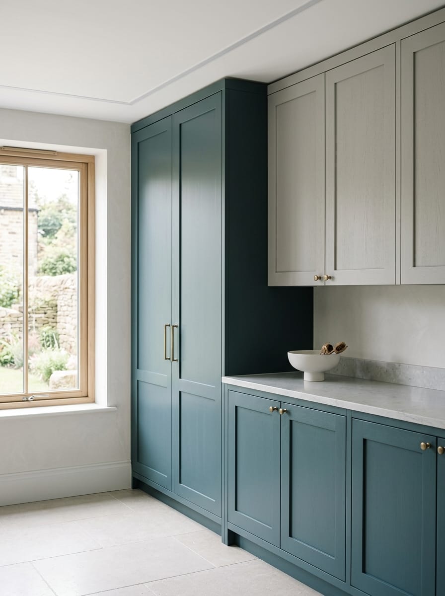 Tall view of full-height bespoke kitchen cabinetry, matt painted handleless slab cabinetry