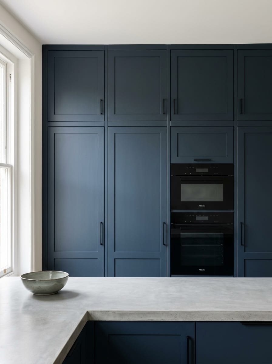 Tall view of full-height bespoke kitchen cabinetry, timber veneer slab-door cabinetry