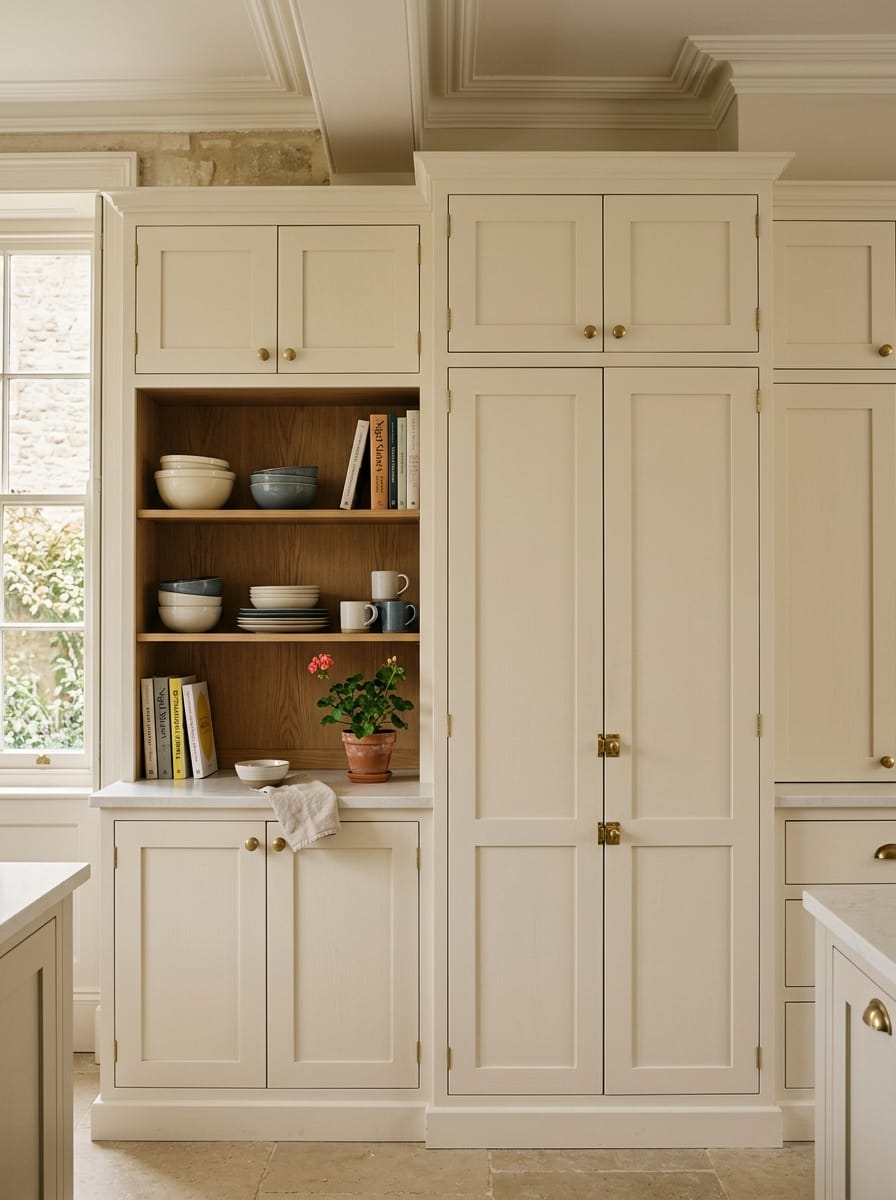 portrait1_600x800-19 cream shaker cupboards with open wooden shelving displaying bowls and books